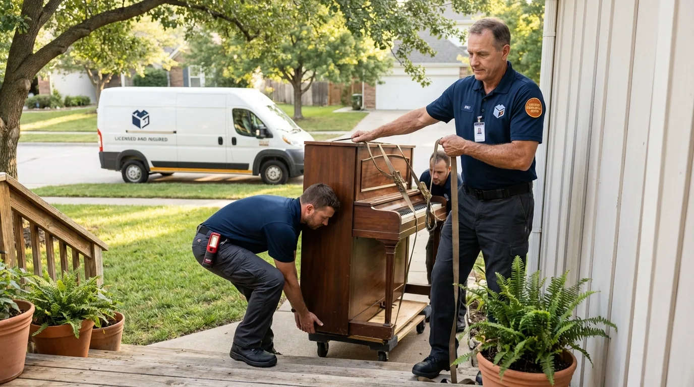 Licensed piano movers securing grand piano in Wakefield, NE