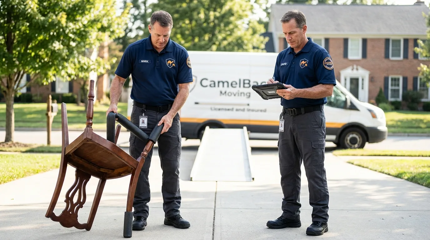 Movers inspecting furniture for damage prevention before loading in Wakefield, NE