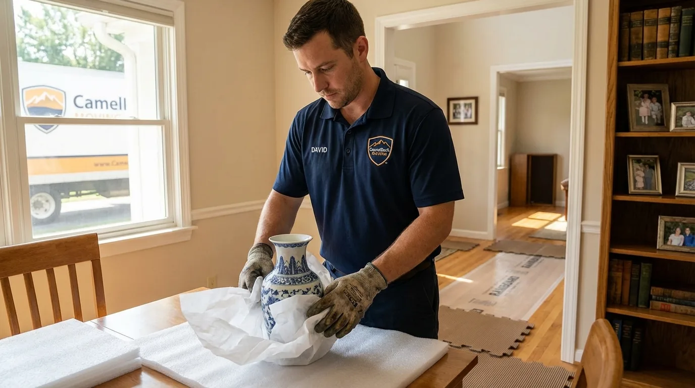 Professional crew carefully wrapping antique vase for senior downsizing move in Wakefield, NE